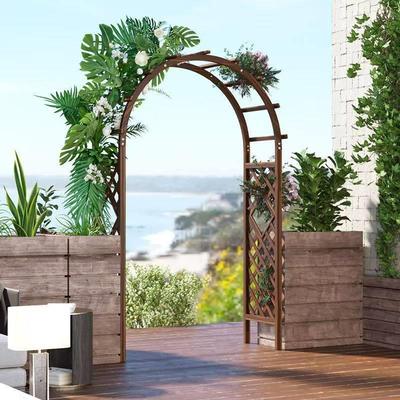 北京庭院装饰防腐木花园门碳化葡萄架半圆网格花架子拱形爬藤拱门