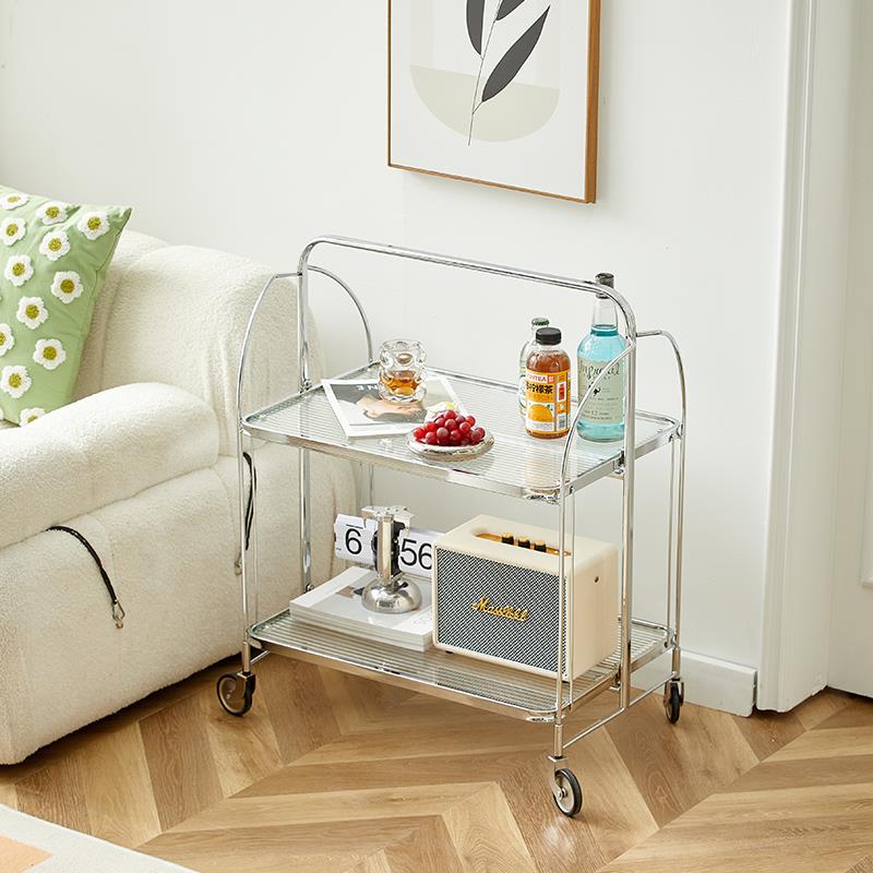 网红可移动折叠餐车中古玻璃小推车客厅沙发边几简约轻奢风置物架