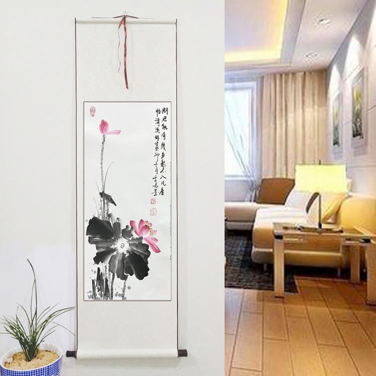 国画荷花卷轴装裱纯手绘真迹客厅装饰画写意花鸟画定制卧室水墨画图片