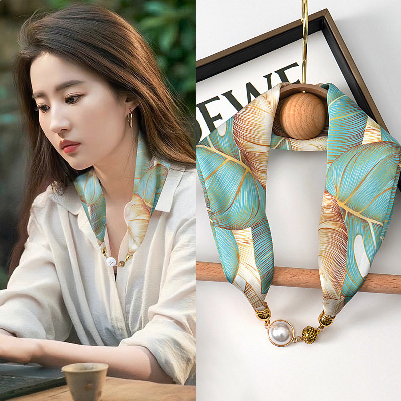 上海故事磁吸丝巾女春秋高级感领巾护颈围脖时尚珍珠扣百搭配衬衫