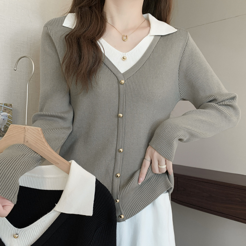 polo领假两件拼接针织衫