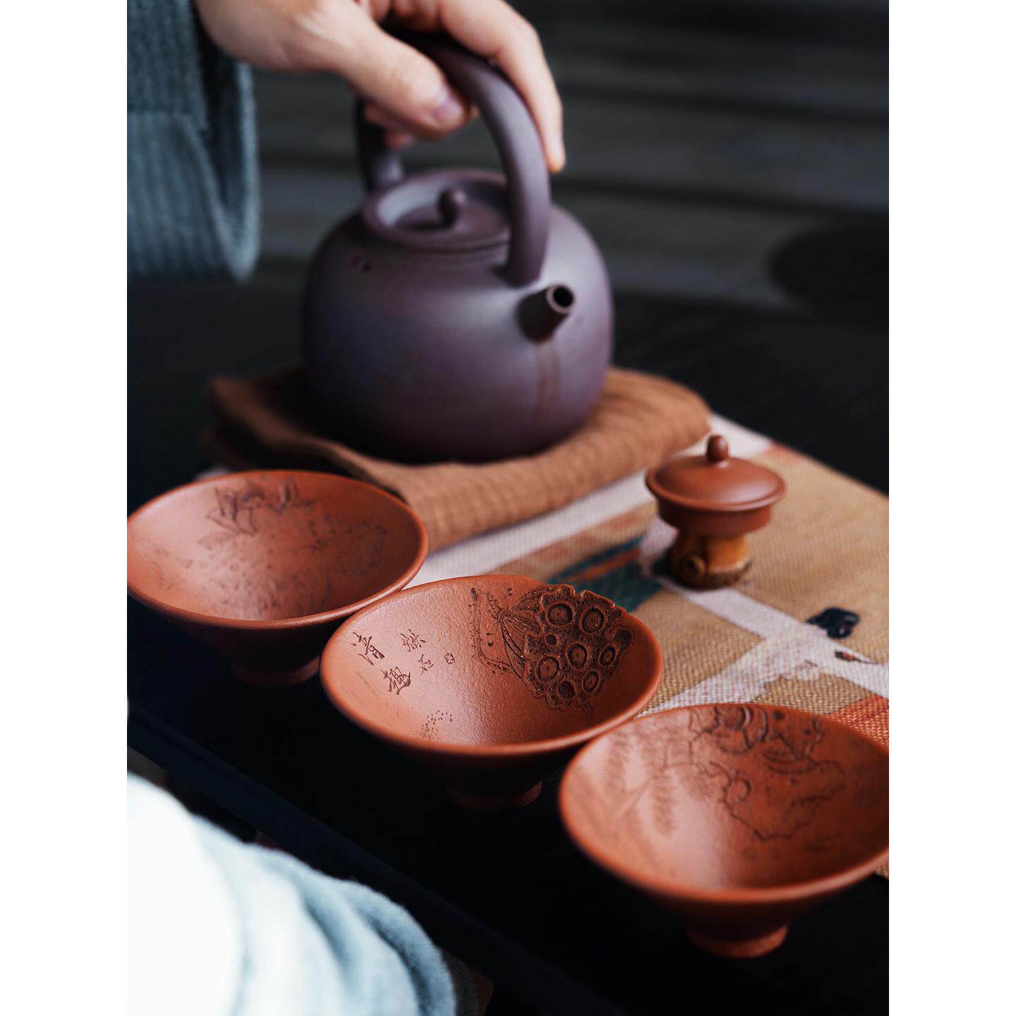 宜兴原矿紫砂【斗笠杯】纯全手工刻绘茶杯降坡泥主人杯品茗杯