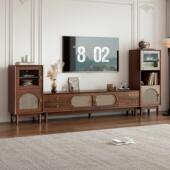 客厅电视柜实木框收纳柜茶几组合覆古藤编2025新款 家用边柜小户型