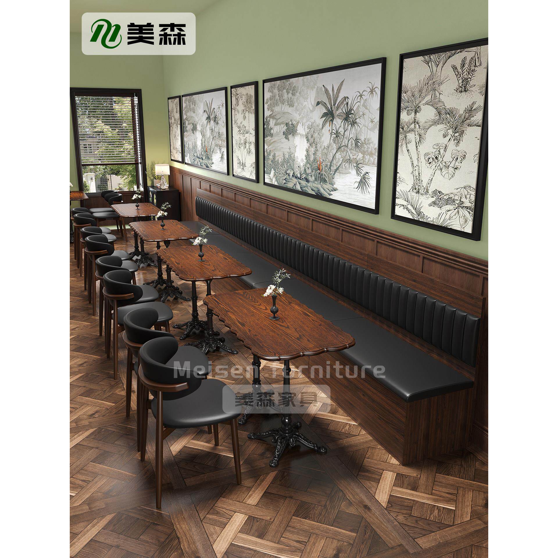 西餐厅卡座沙发靠墙覆古餐饮咖啡店蛋糕店实木椅子烘焙店桌椅商用