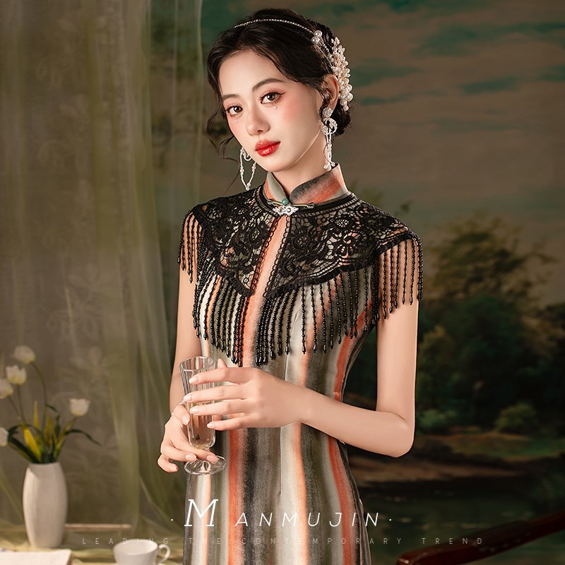 配旗袍云肩外搭黑色斗篷新中式名媛覆古风蕾丝珍珠流苏小披肩文艺