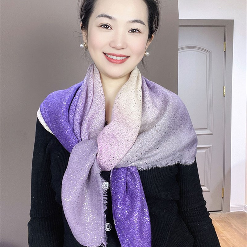 紫色围巾女2024新款春秋冬季高级感显白渐变拼色薄款棉麻披肩两用