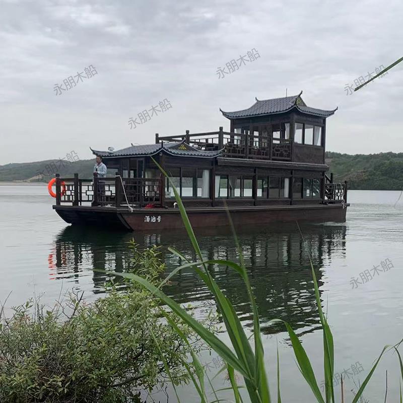木船画舫船大型水上餐厅船景区双层仿古实木质电动观光旅游木船