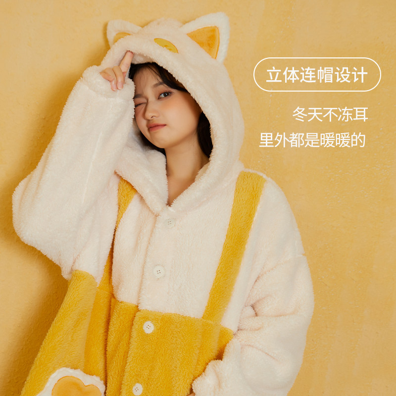 可爱长款睡袍套装减龄少女加厚加绒保暖卡通珊瑚绒长毛绒家居服