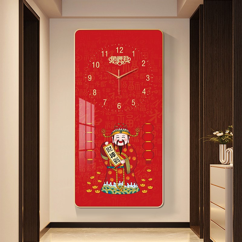 财神爷客厅画装饰画挂钟风水招财画进门入户玄关壁画财神爷挂画