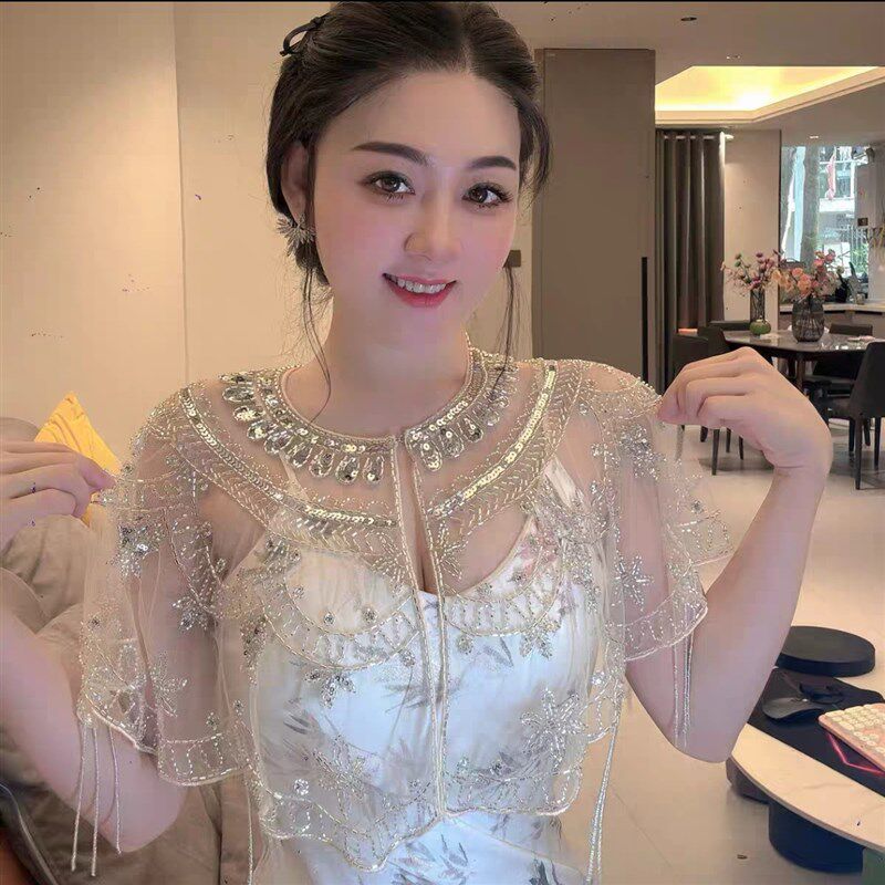 重工花瓣披肩流苏米珠披肩斗篷配旗袍披肩婚纱礼服遮手臂薄纱外搭