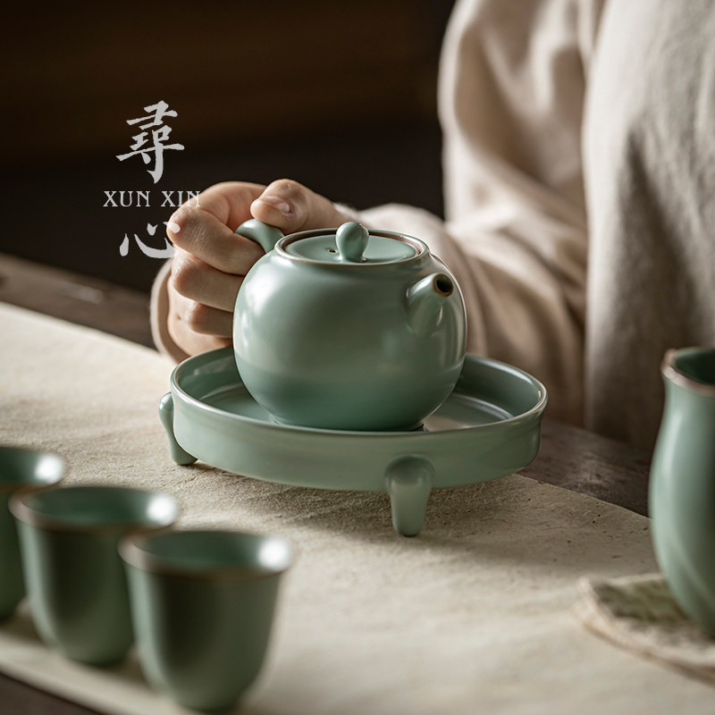 天青汝窑三足壶承开片可养功夫茶具壶托汝瓷干泡台茶盘陶瓷茶承盘