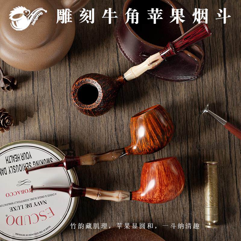 刺猬进口石楠木男士传统老式实木烟斗直式型过滤便携正品牛角雕刻