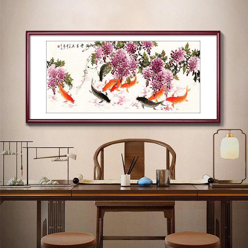 年年有余客厅装饰画九鱼图挂画新中式餐厅壁画水墨荷花鲤鱼图国画