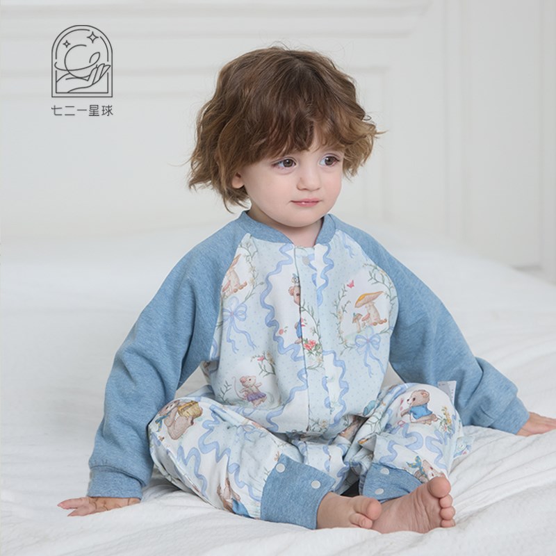 721星球婴幼儿睡袋四层竹棉纱布儿童长袖分腿宝宝防踢被四季通用