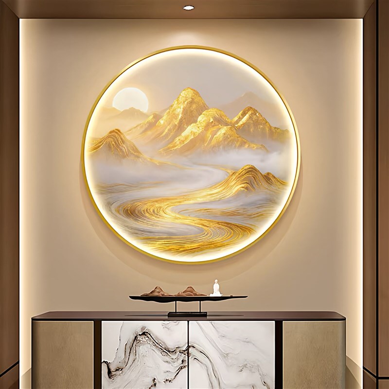 背靠金山入户玄关装饰画办公室背景墙圆形带灯光壁画走廊走道挂画