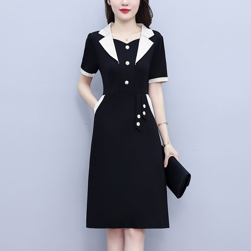胖仙女大码女装2025夏季新款修身显瘦遮肚西装领拼色洋气连衣裙女