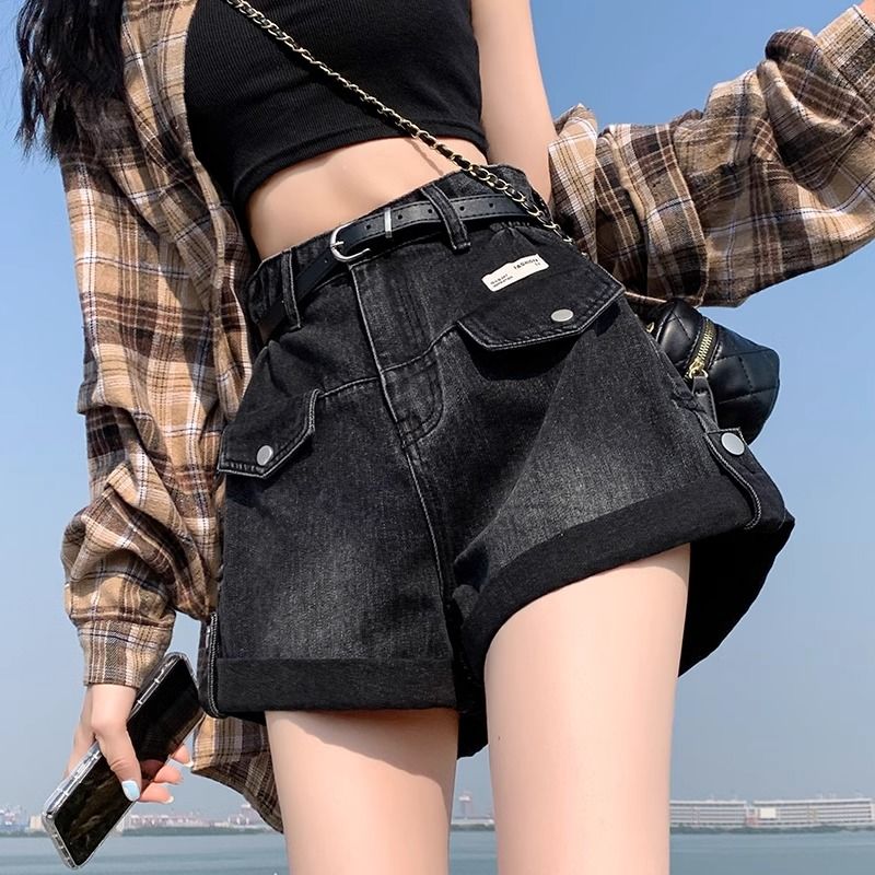 黑色牛仔短裤女夏季薄款2025新款设计感高腰卷边a字阔腿辣妹热裤