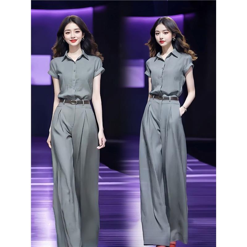 单/套装女2025夏季新款高级感韩版时尚短袖衬衫+高腰阔腿裤两件套