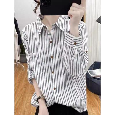 韩国纯棉提花条纹长袖衬衫