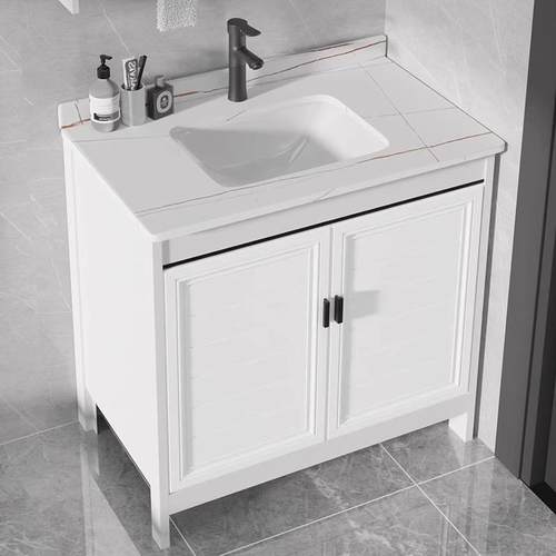 黑白空简约板全柜太铝材落瓷地款岩陶一体盆柜-落地卫生间浴室镜