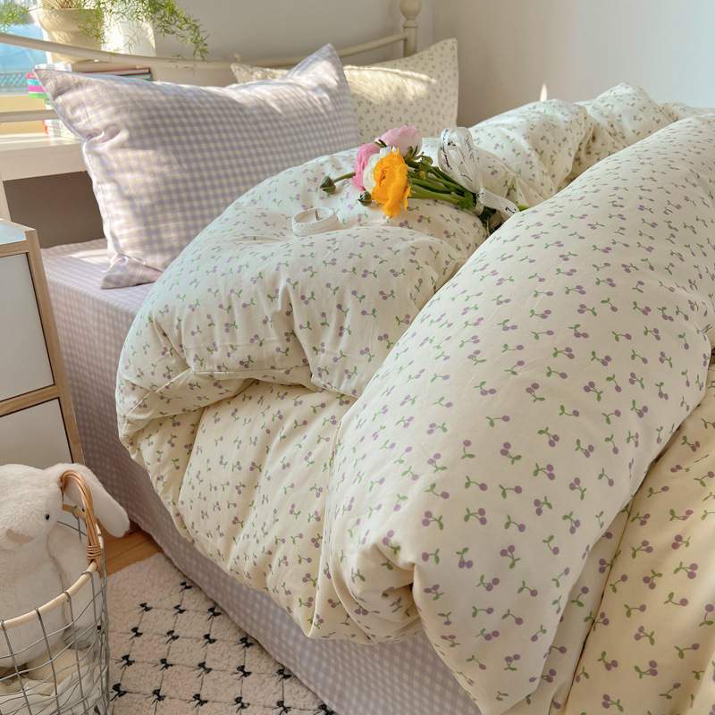 田园紫色小樱桃纯棉四件套少女心全棉被套清新三件套1.5m1.8m床单