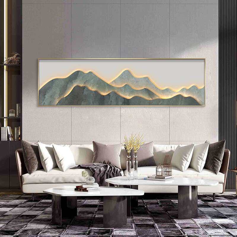 靠新中式横版山水壁床MNB装头画沙发背景轻奢灯光挂画背有山茶室