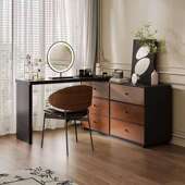 实木中古风梳391妆斗柜纳一体现卧室胡桃木纹化妆桌化货妆台台收