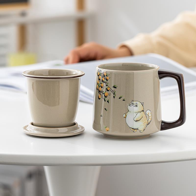 陶瓷办公杯带盖过滤情侣马克杯茶水分离杯个人专用泡茶杯水杯定制