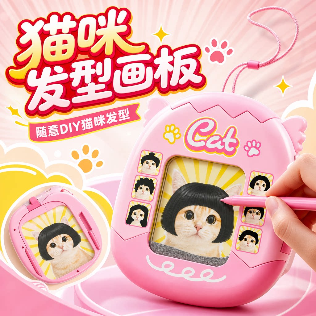 百变小猫儿童宠物发型磁力磁珠画板宝宝涂鸦手写板可消除玩具挂件