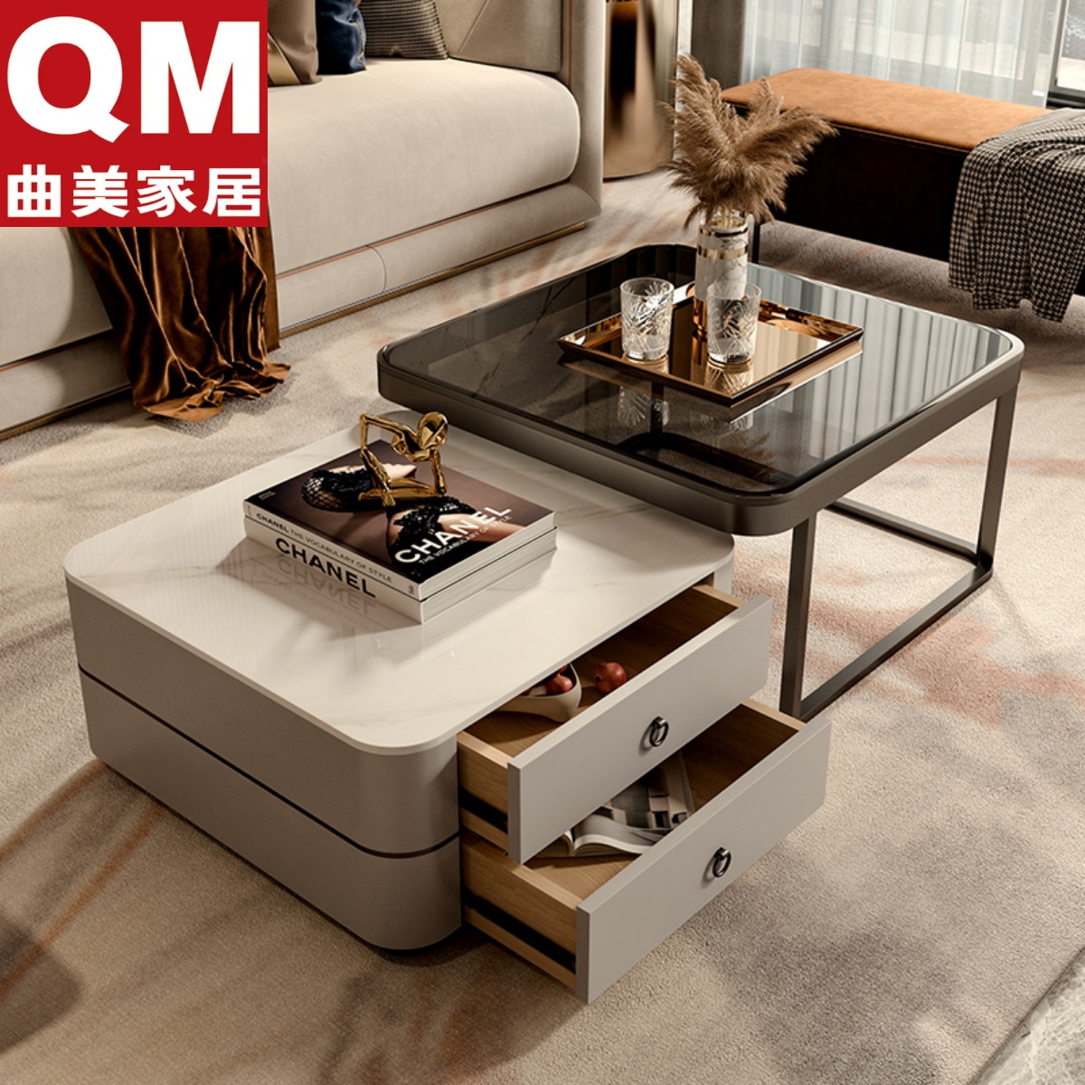 曲美家居茶几轻奢现代简约客厅家用小户型岩板玻璃双层方形茶几大