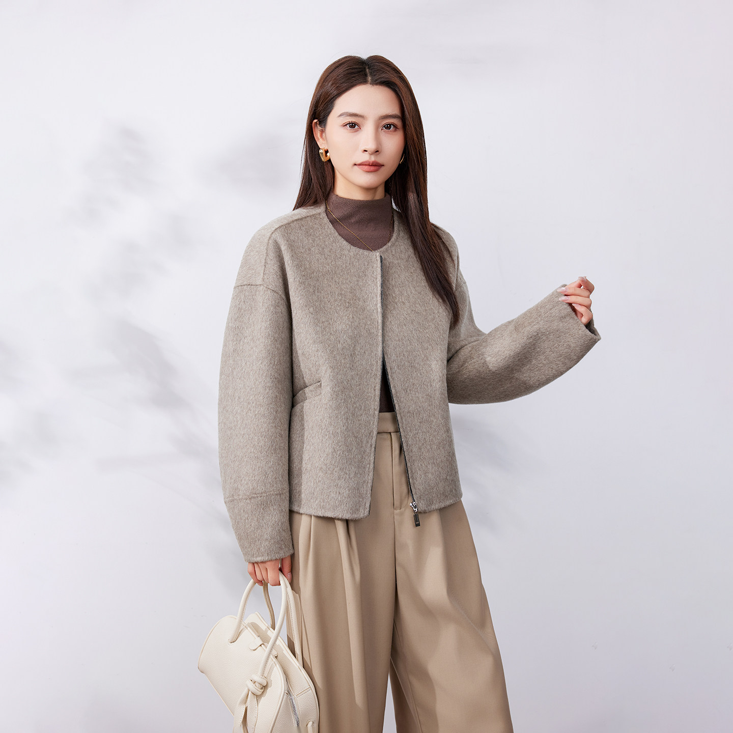 秋冬女双面羊毛拉链短款大衣