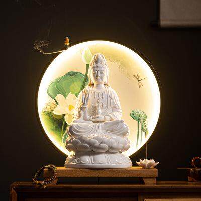 陶瓷坐莲观音佛像供奉家用摆件灯圈倒流香炉白瓷南海观世音香薰炉