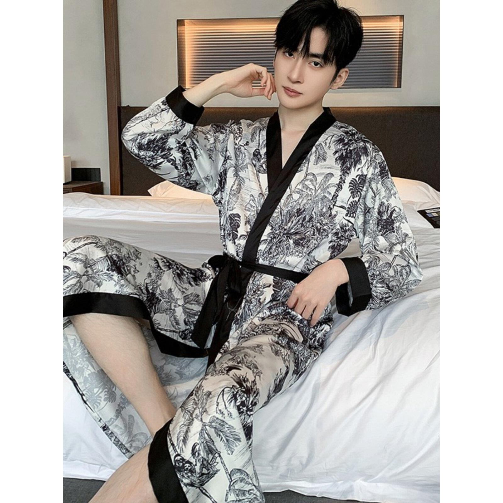 男睡衣冰丝长袖水墨风格覆古浴袍夏季大码睡衣男孩丝绸家装晨衣