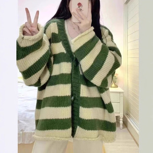 2025韩版条纹针织开衫春秋冬韩系慵懒风宽松毛衣软糯中长款上衣女