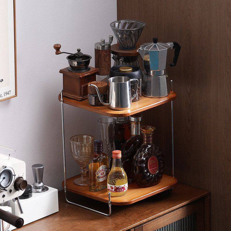 轻奢置物架桌面架带抽屉收纳厨房调料中古置物架打印机水杯咖啡机