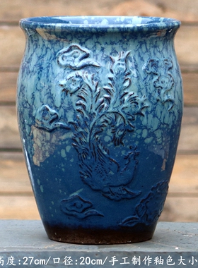 复古手工陶瓷花盆蓝色雕刻花纹圆形种植盆栽装饰摆件