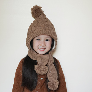 秋冬儿童帽子围巾一体加绒保暖针织男女宝宝可爱护耳毛线套头帽潮