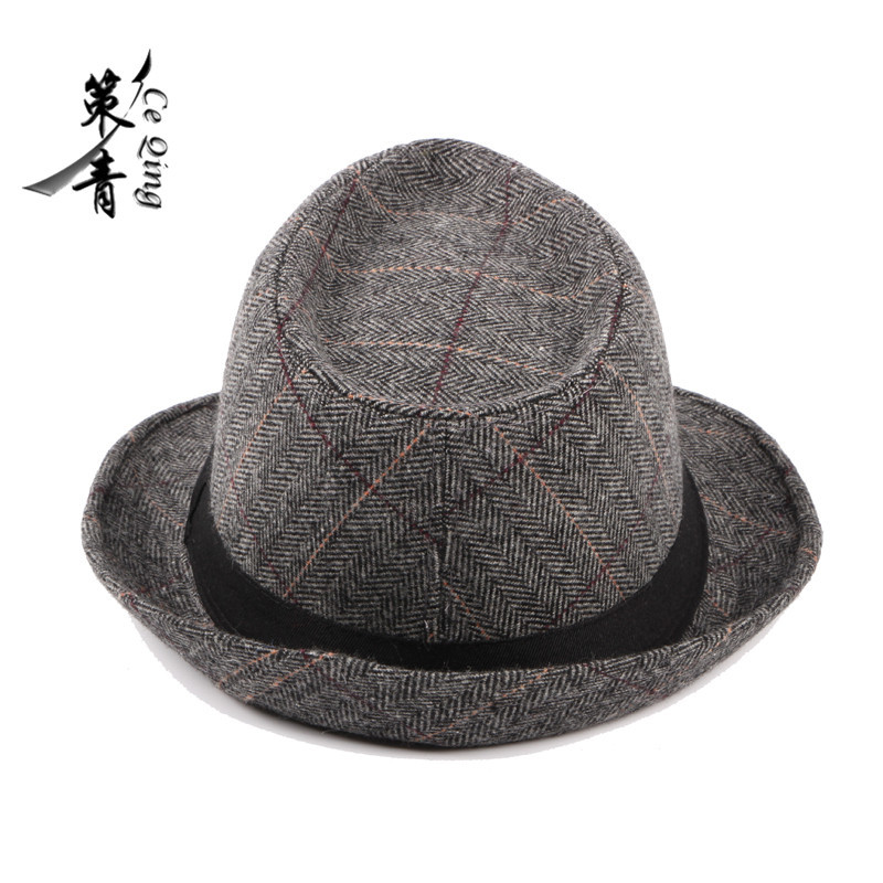 礼帽 英伦风经典格纹爵士帽男中老人帽子秋冬季新款毛呢帽潮