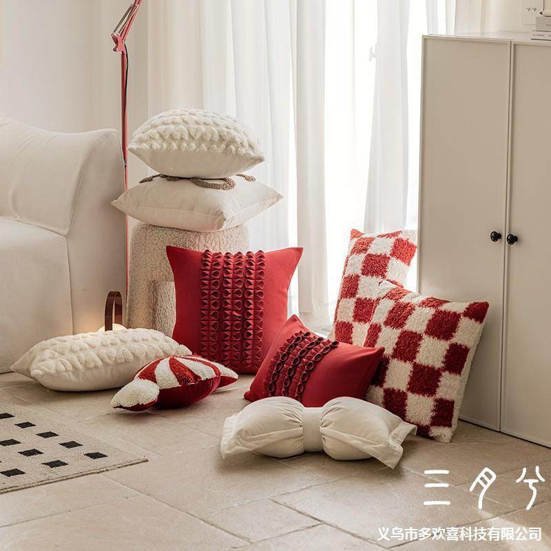 红色喜庆结婚棋盘格现代靠枕新年靠垫客厅沙发节日装饰糖果抱枕套