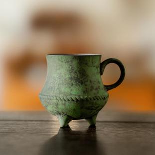 带把茶杯主人单个杯 老岩泥浅绿三足品闲杯陶瓷品茗杯手工中式