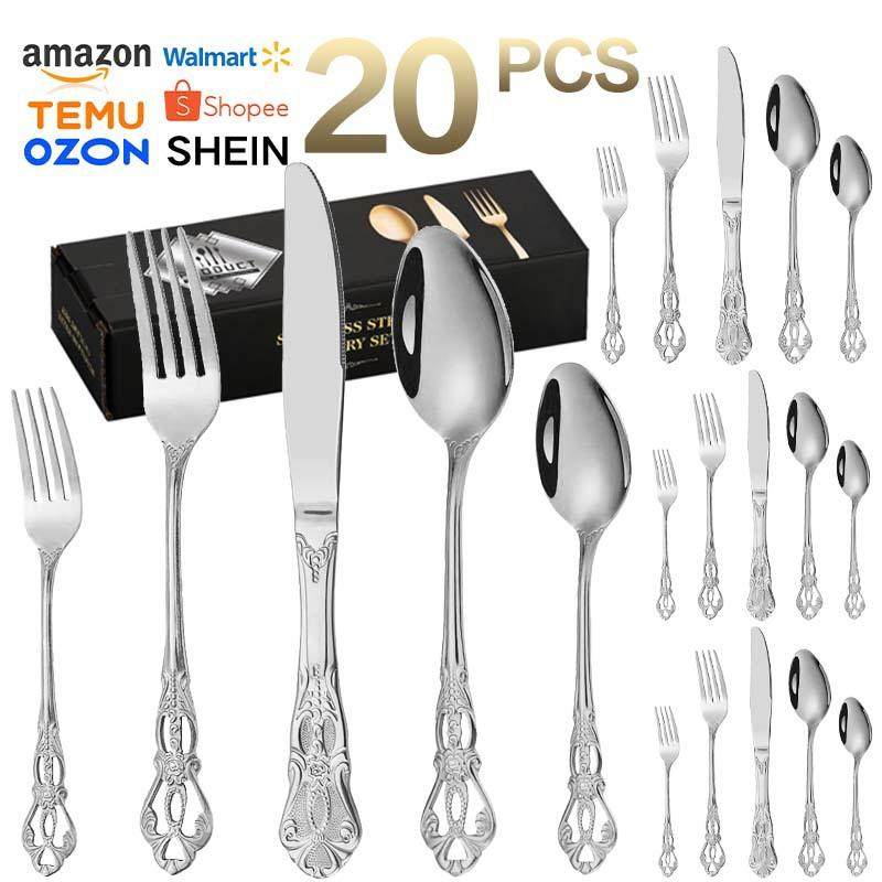 跨境亚马逊不锈钢皇廷刀叉勺20件套复古宫廷皇庭不锈钢刀叉勺套装