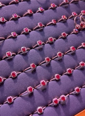 极速精品彩宝 天然红宝石纯银镶嵌戒指J 女款彩宝红宝石戒指饰品