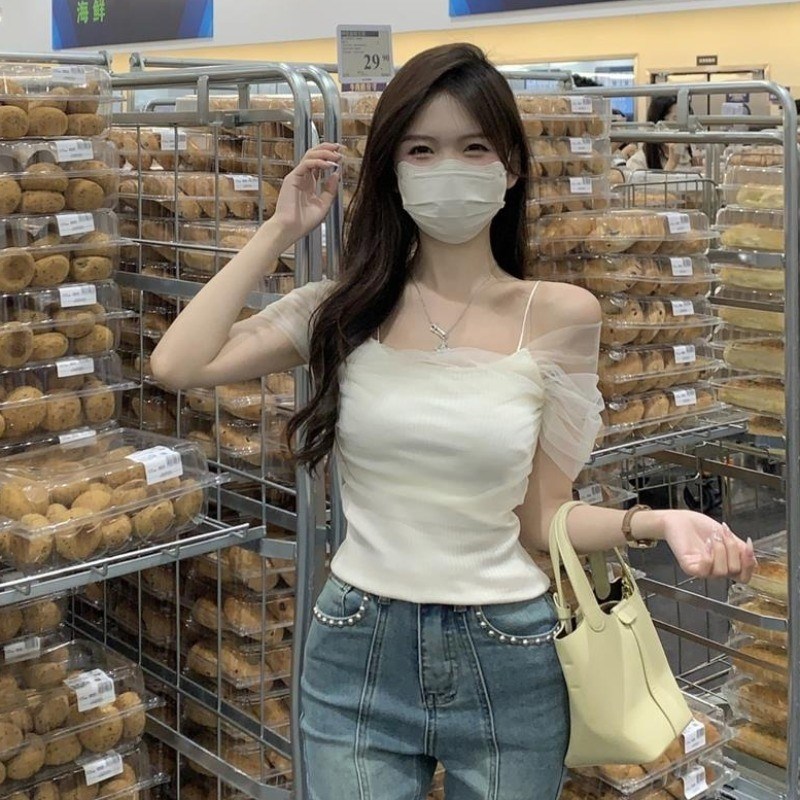 极速夏季温柔风设计感q短袖上衣女装纯欲网纱露肩小众法式独特别