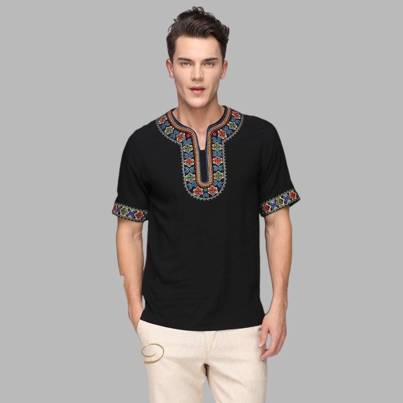 极速夏季b新款新疆民族风男士短袖T恤绣花维吾尔族多色衬衣棉t恤