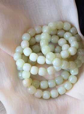 极速推荐青海料晴水冰白基本无杂B裂老型珠款手链 男女款玉石饰品