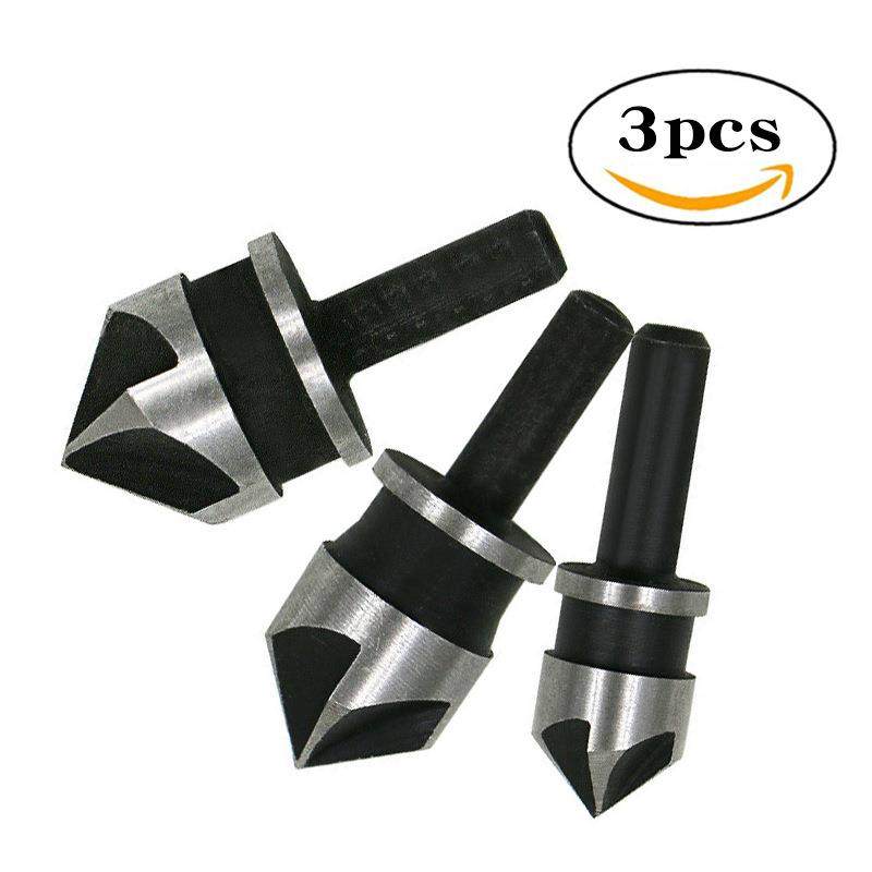 3pcs木工圆柄五刃倒角器90度倒角刀12-19mm工具套装电钻扩孔钻头