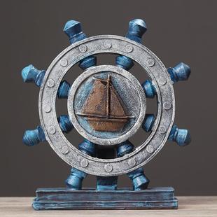 创意复古船舵罗盘模型咖啡厅办公室橱窗摆件桌面道具装饰品摆设
