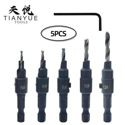 木工沉孔钻头 5PCS六角柄打孔倒角一体钻头 木工螺丝钻孔工具套装