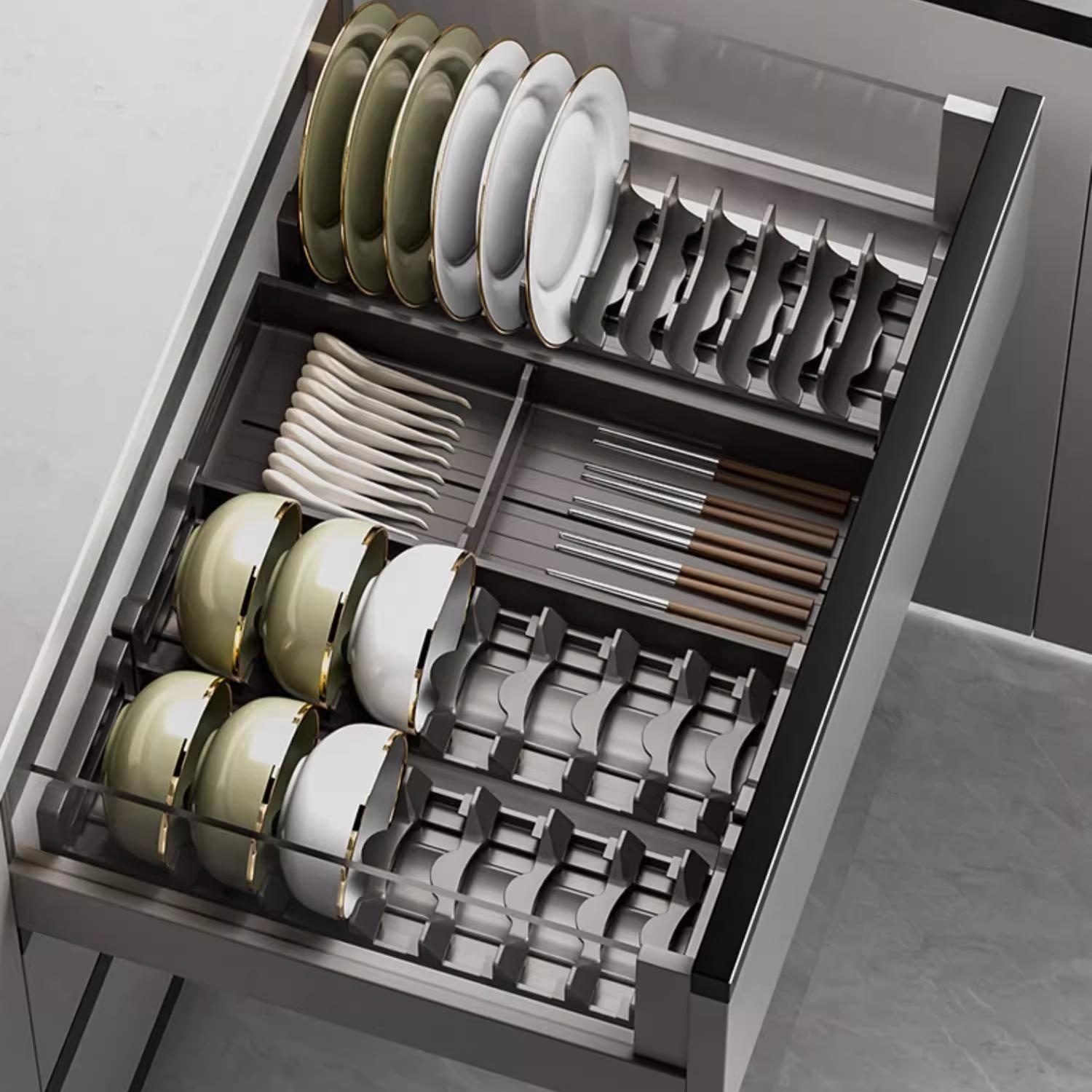 厨房抽屉式内置碗碟收纳架置物架橱柜内碗架抽屉式接水盘筷子勺盒