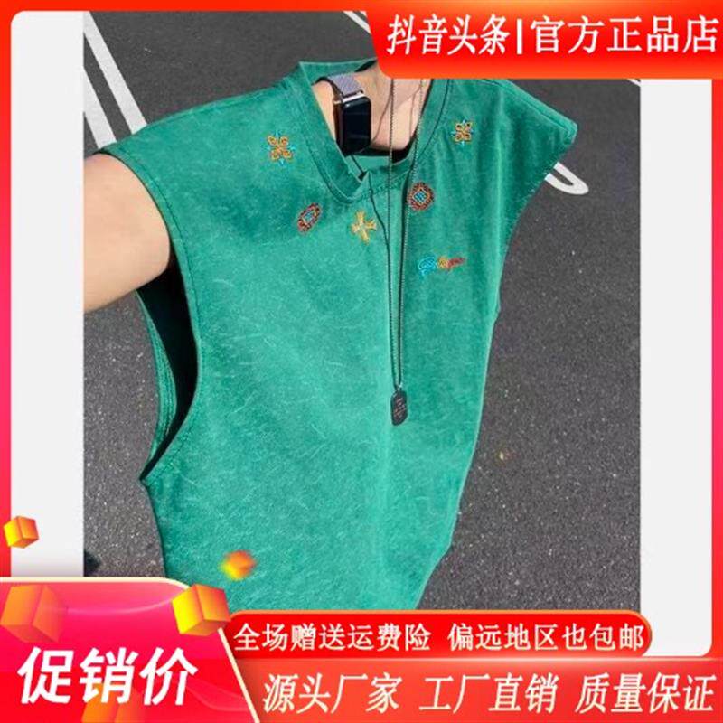美式扎染刺绣背心男款夏季重磅无袖坎肩t恤cleanfit健身运动汗衫